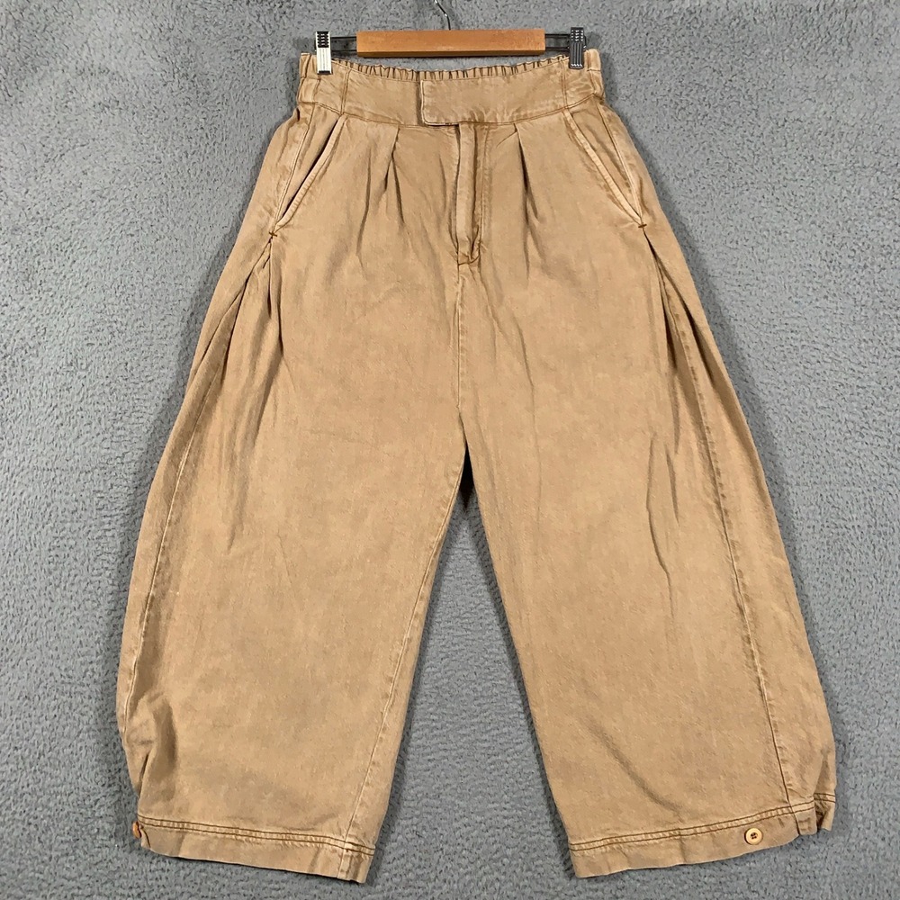 Free People Wide Leg Pants Womens Small S Tan Barrel Leg Cropped Pleated Relaxed